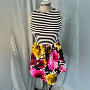 Taylor Navy and White Striped Dress with Floral Skirt